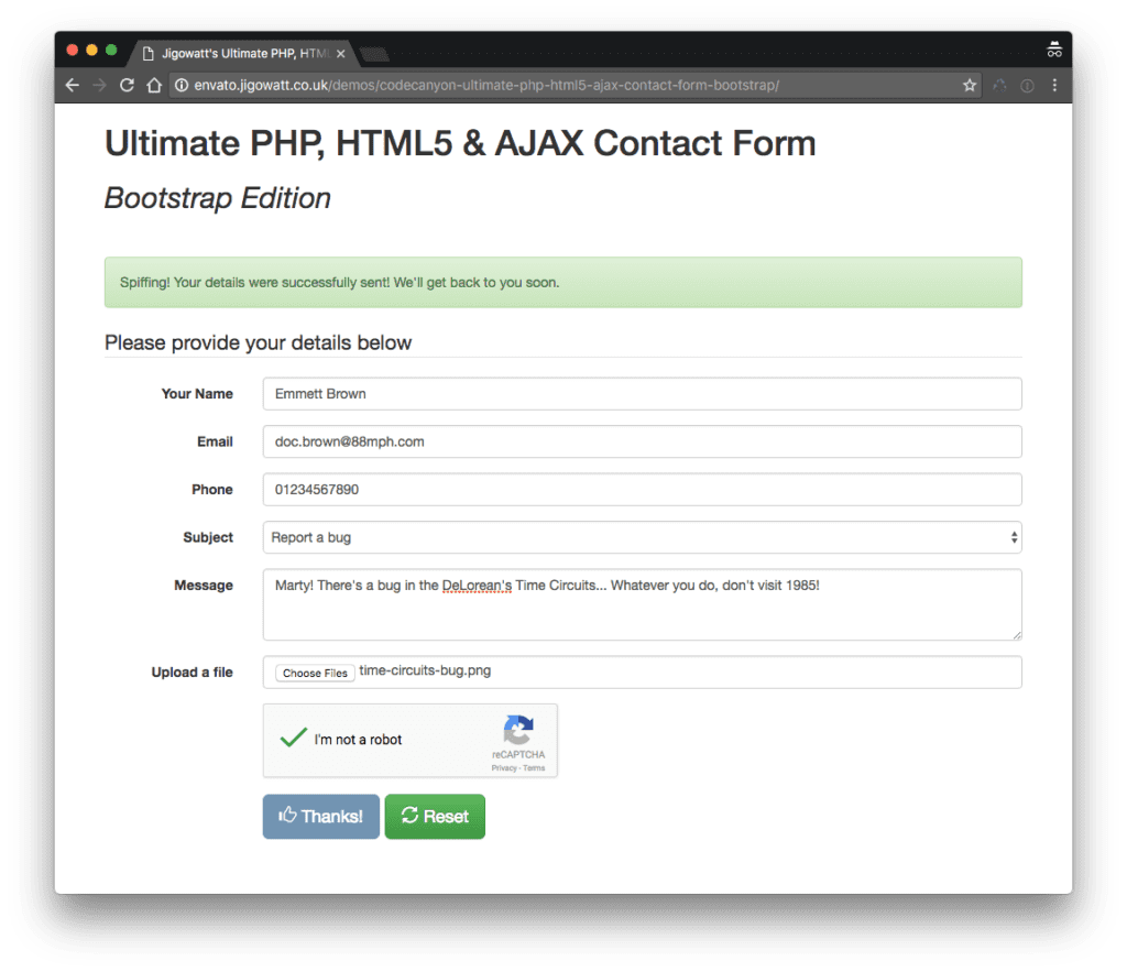 Ultimate PHP, HTML5, & Ajax Contact Form (bootstrap edition) submitted